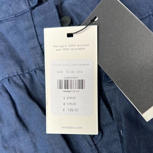 Whistles Button Front Linen Jumpsuit Navy Blue Size 4 NWT - Picture 5 of 6